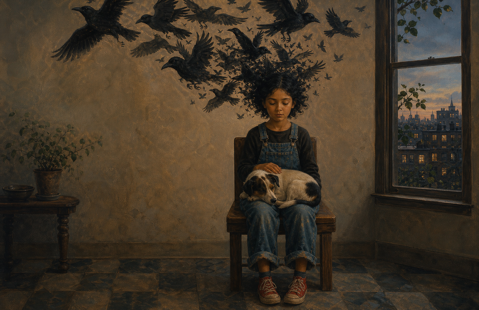 A surreal painted scene of a girl in overalls with red shoes, a sleeping dog on her lap, and crows rising from her hair.