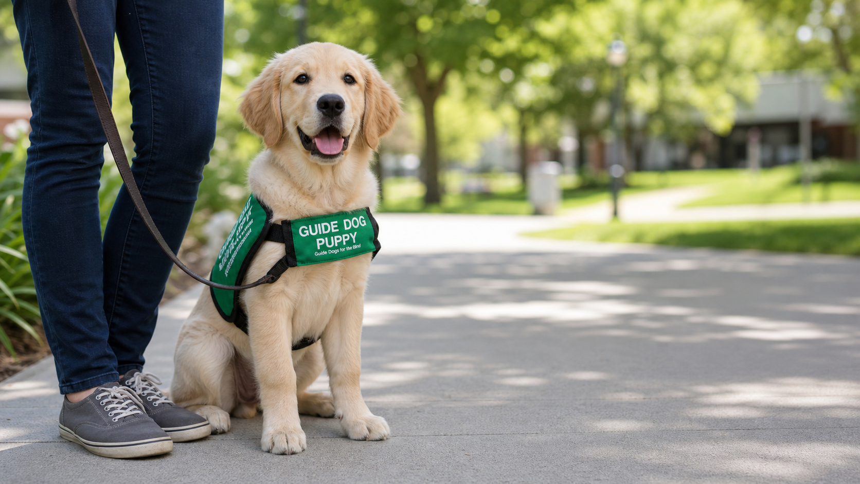 Guide dog puppy in training wearing a green vest